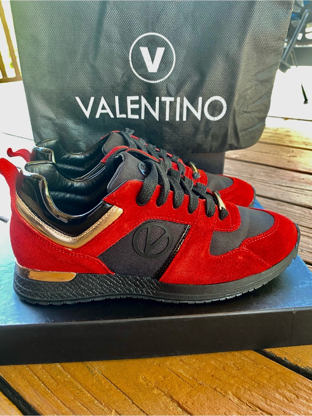 Valentino Red Suede & Black Mesh Sneakers with Gold Accents